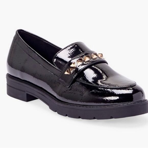Just Fab Black Patent Leather Loafers with Gold Detail - Picture 10 of 13